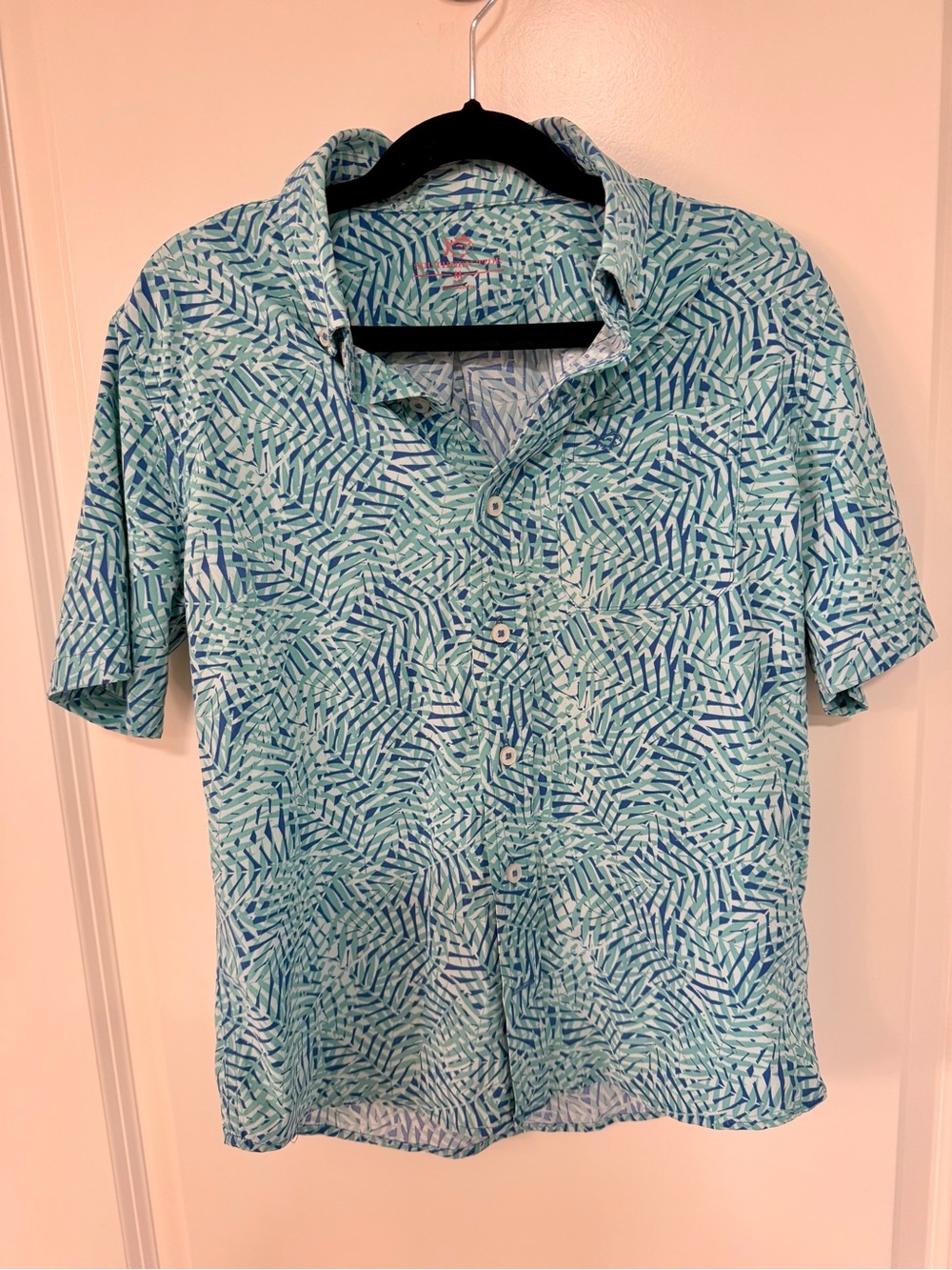Southern Tide Aqua & Navy Short-Sleeve Patterned Button-Down Shirt